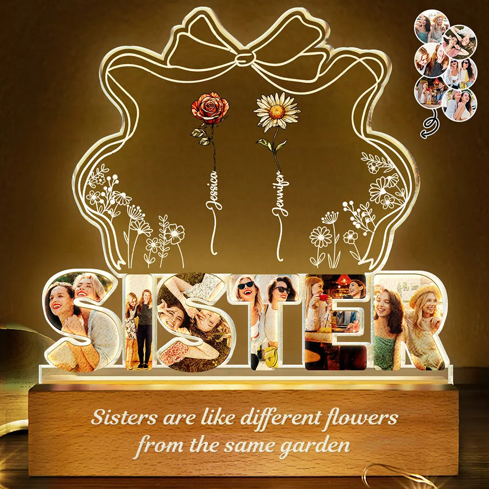 Gift For Sisters, Gift For Bestie, Love, Happy, Custom Photo - Custom Photo Bestie Sister Birth Flower Grow Old Friends - Personalized Custom Shaped LED Light