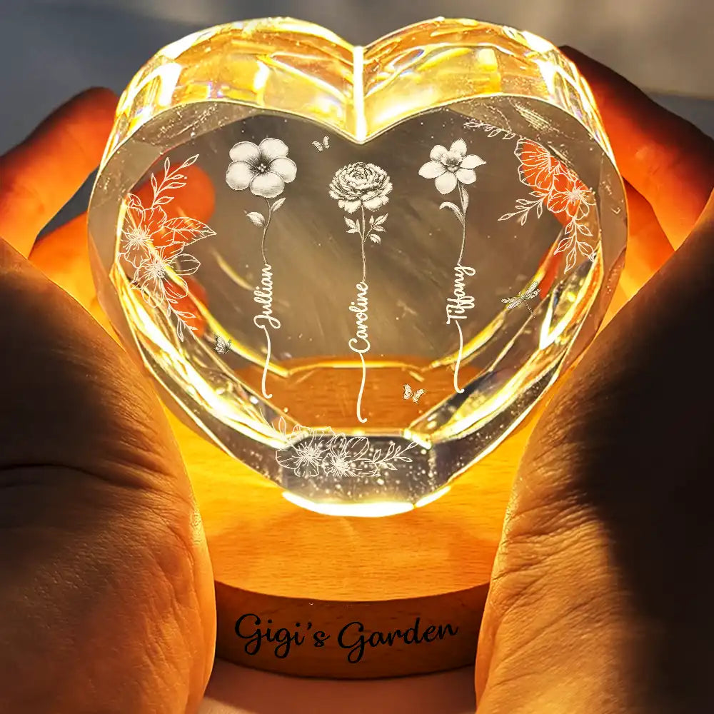Gift For Grandma,Gift For Mother,Gift For Wife,Happy - Custom Photo Birth Flower Grandma's Garden - Personalized Crystal Heart Shaped Lamp