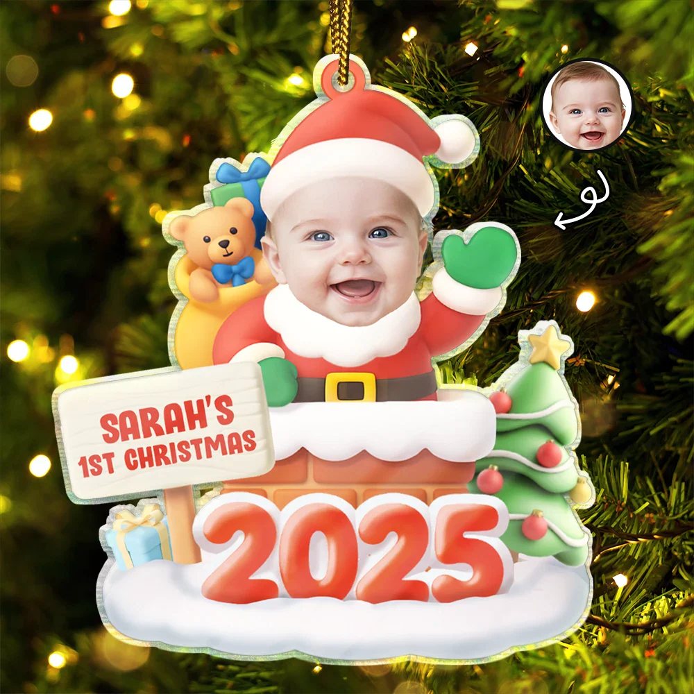 Custom Photo Cute Baby Santa In The Chimney - Personalized Custom Shaped Acrylic Ornament