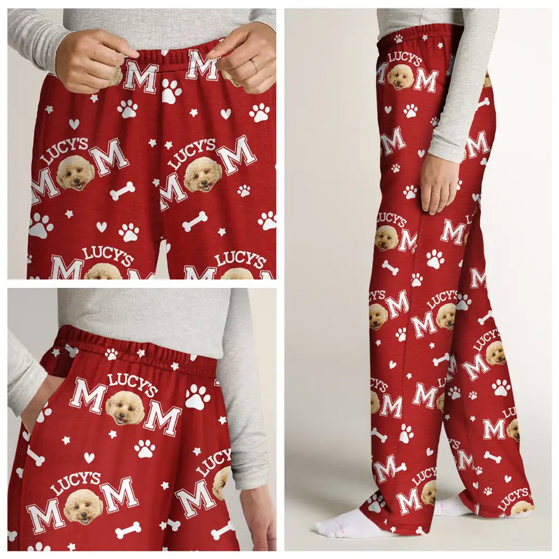 Dog Mom,Dog Lovers,Non-Eng - Custom Photo Dog Mom With Paw And Bone Pattern - Personalized Pajama Pants