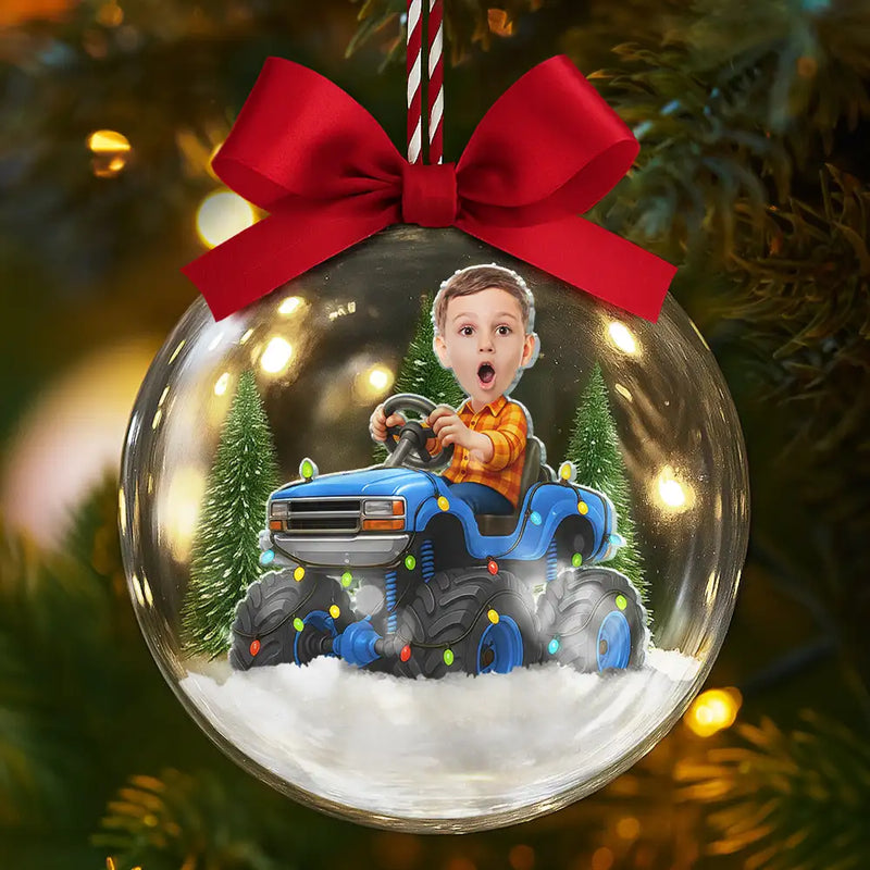 Gift For Kids,Custom Photo,Photo Hobby Ornament,Christmas,Happy - Custom Photo Face Kid Riding Monster Truck - Personalized 3D Acrylic Ball Ornament