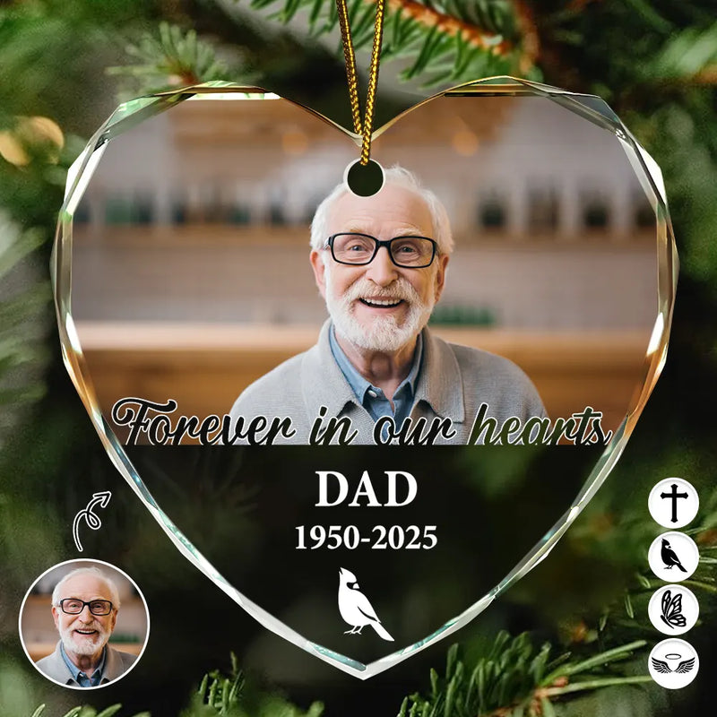 Gift For Yourself,Memorial,Sad,Christmas - Custom Photo QR Code Forever In Our Hearts - Personalized Heart Shaped Glass Ornament  