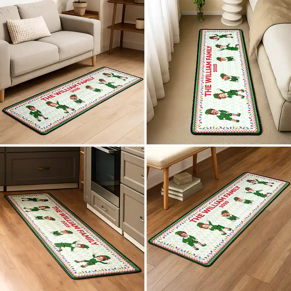 Family,Parents,Gift For Grandparents,Gift For Kids,Gift For Grandkids,Pet Lovers,Dog Lovers,Christmas,Custom Photo - Custom Photo Funny Christmas Elf Family Face Cut - Personalized Runner Rug