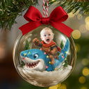 Gift For Kids,Custom Photo,Photo Hobby Ornament,Christmas,Happy - Custom Photo Funny Kid Face Riding Shark - Personalized 3D Acrylic Ball Ornament