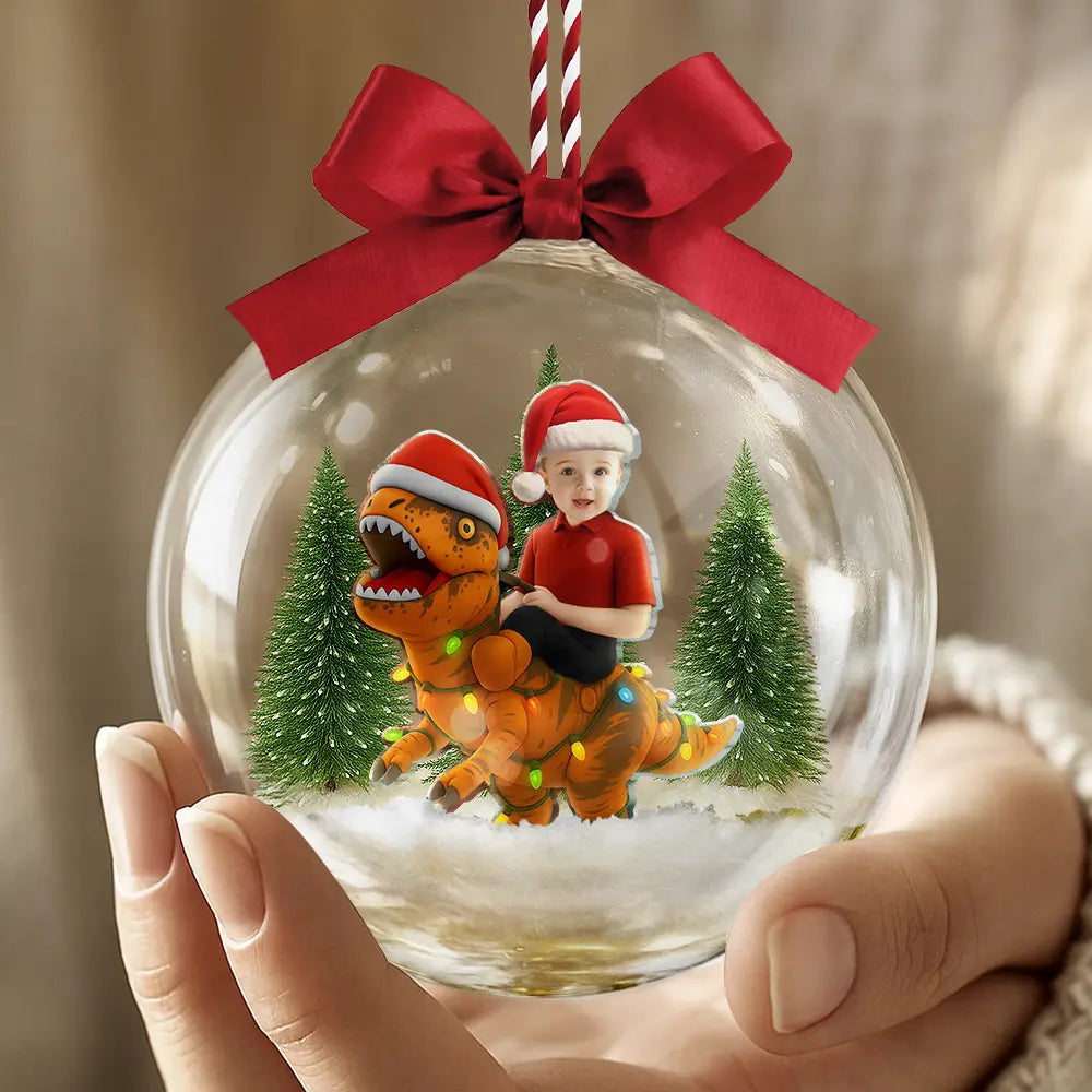 Gift For Kids, Custom Photo, Photo Hobby Ornament, Christmas, Happy - Custom Photo Funny Kid Xmas Dinosaur - Personalized 3D Acrylic Ball Ornament