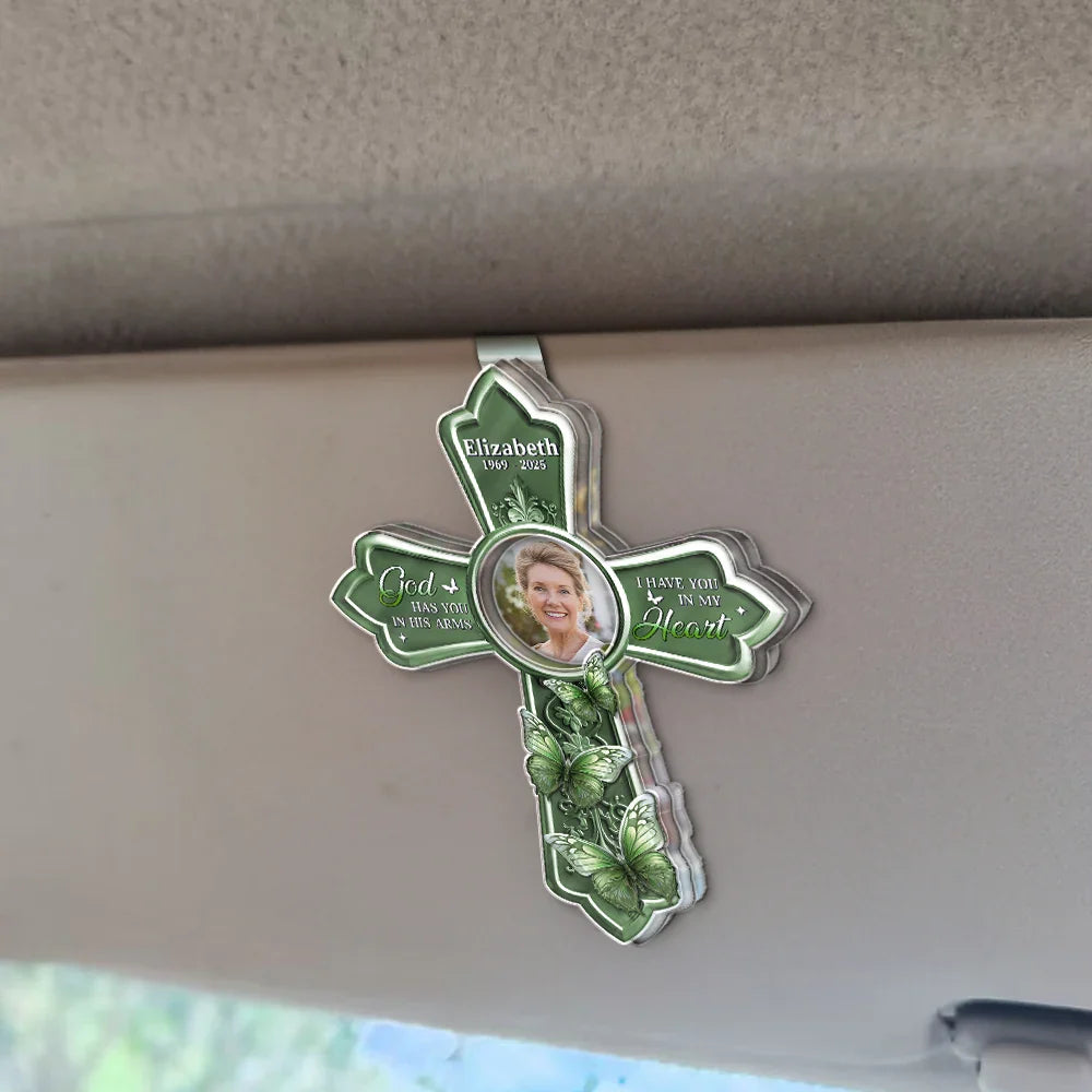 Memorial,Christian,Sad - Custom Photo God Has You In His Arms Cross Memorial Gifts - Personalized Custom Shaped Acrylic Car Visor Clip