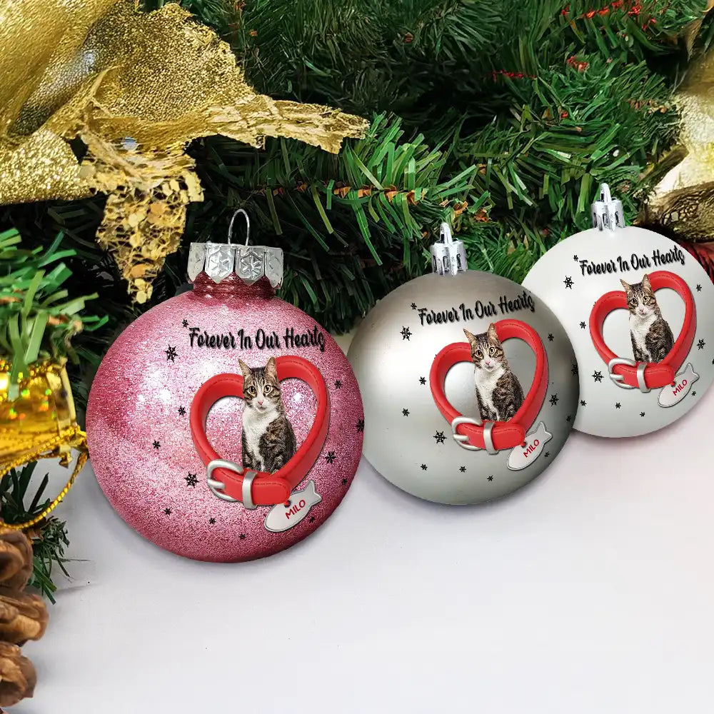 Christmas,Sad,Memorial,Cat Lovers - Custom Photo Heart-Shaped Collar With Fish Charm For Cat Lovers - Personalized Ball Ornament