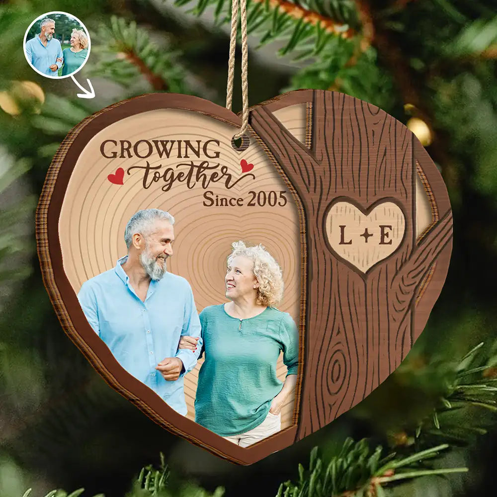 Gift For Couples,Old Couples,Gift For Husband,Gift For Wife,Gift For Boyfriend,Gift For Girlfriend,Love,Christmas - Custom Photo Heart Shaped Wood Slice Growing Together - Personalized 2-Layered Wooden Ornament
