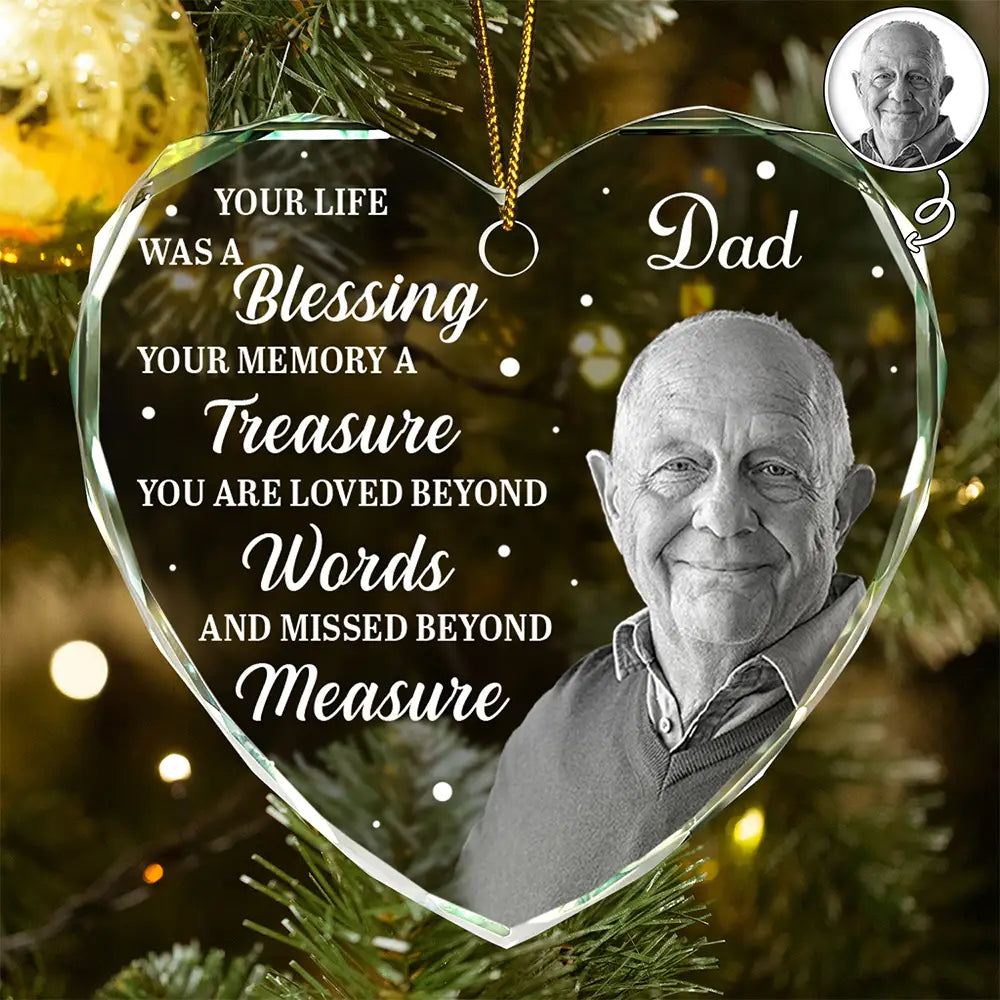 Christmas, Custom Photo, Memorial, Family, Sad - Custom Photo Memorial Grayscale Your Life Was A Blessing - Personalized Heart Shaped Glass Ornament