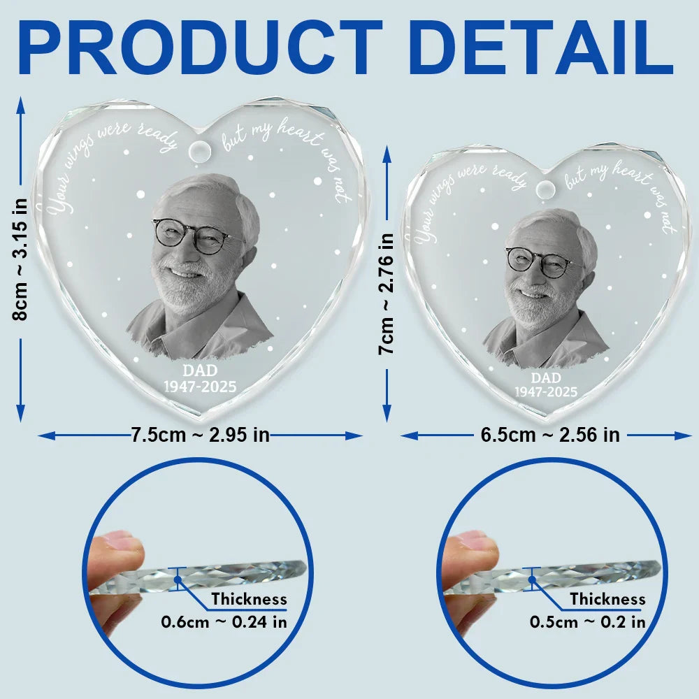 Christmas,Custom Photo,Memorial,Family,Sad - Custom Photo Memorial Your Wings Were Ready - Personalized Heart Shaped Glass Ornament