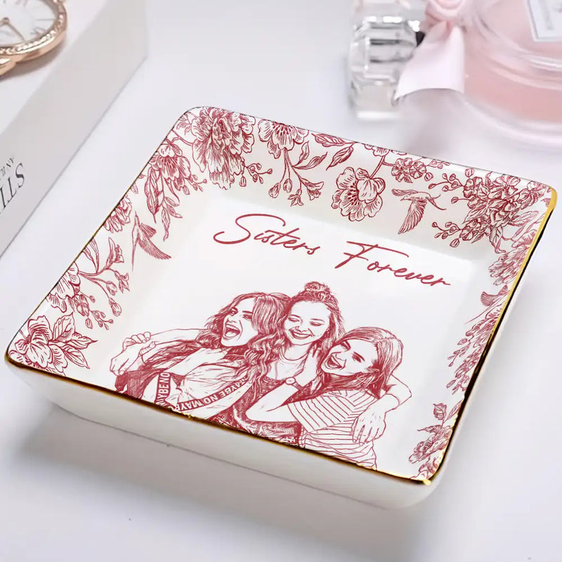 Custom Photo Pencil Sketch Besties Forever - Personalized Ring Dish
