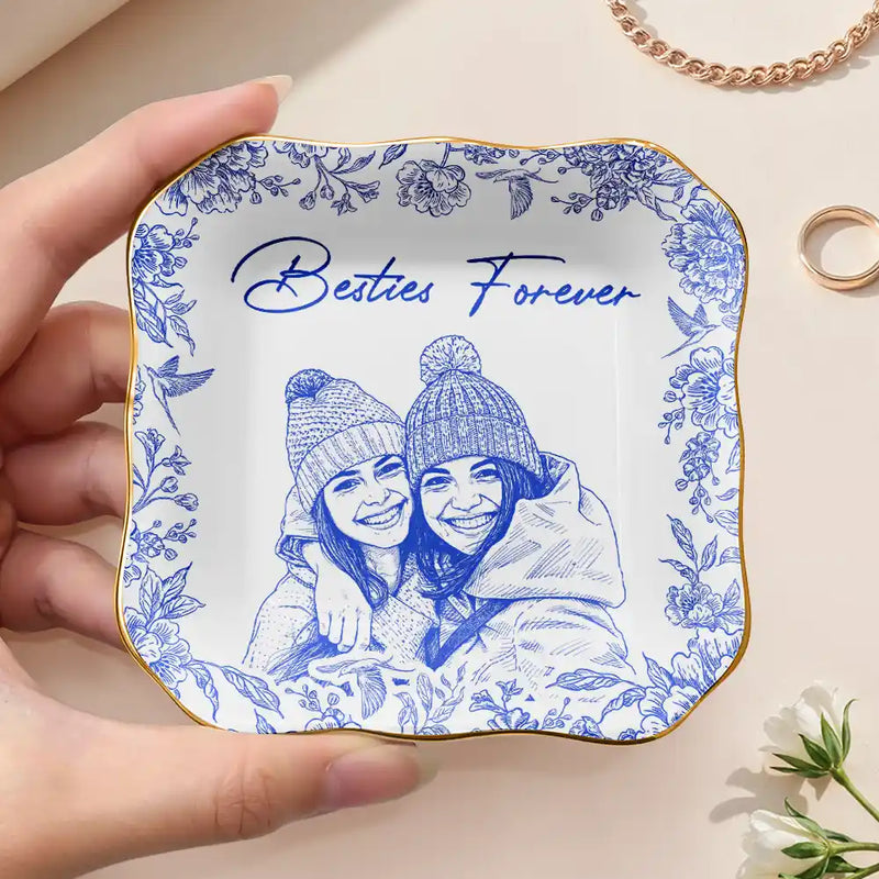 Custom Photo Pencil Sketch Besties Forever - Personalized Ring Dish