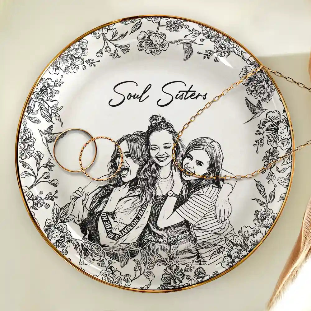 Custom Photo Pencil Sketch Besties Forever - Personalized Ring Dish