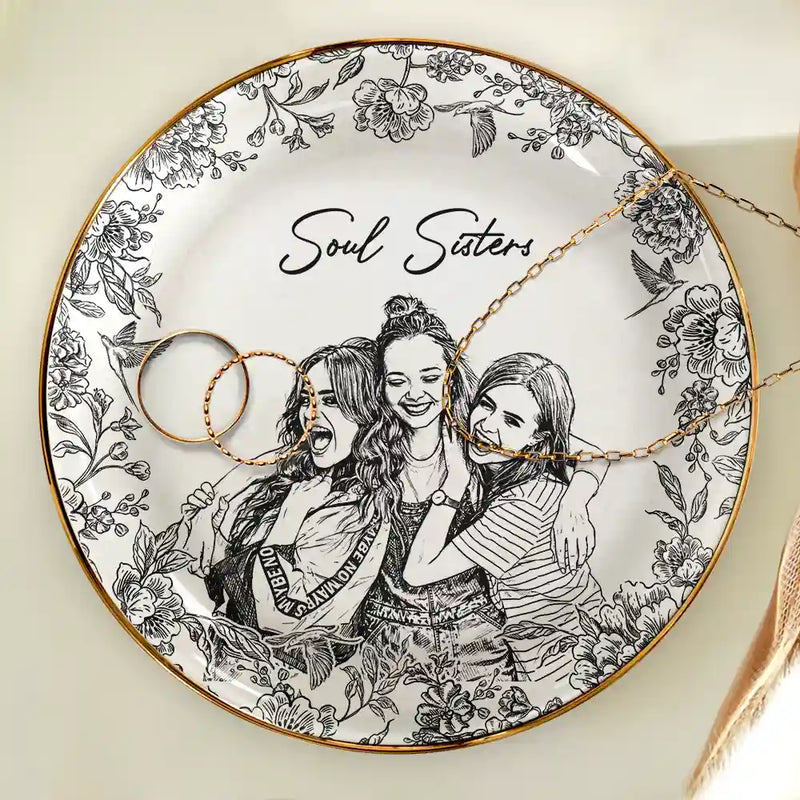 Custom Photo Pencil Sketch Besties Forever - Personalized Ring Dish