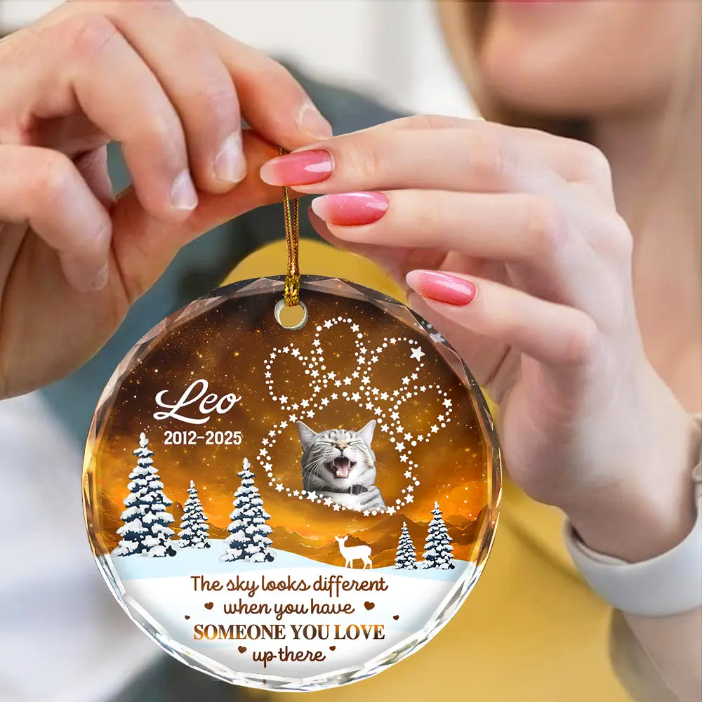 Gift For Yourself, Gift For Women, Gift For Men, Memorial, Dog Lovers, Pet Lovers, Cat Lovers, Sad, Christmas - Custom Photo Someone You Love Up There - Personalized Circle Glass Ornament
