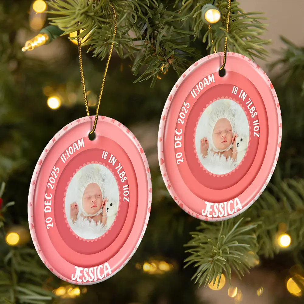 Christmas, Family, New baby, Happy - Custom Photo Welcome To The World Baby Stats - Personalized Circle Ceramic Ornament
