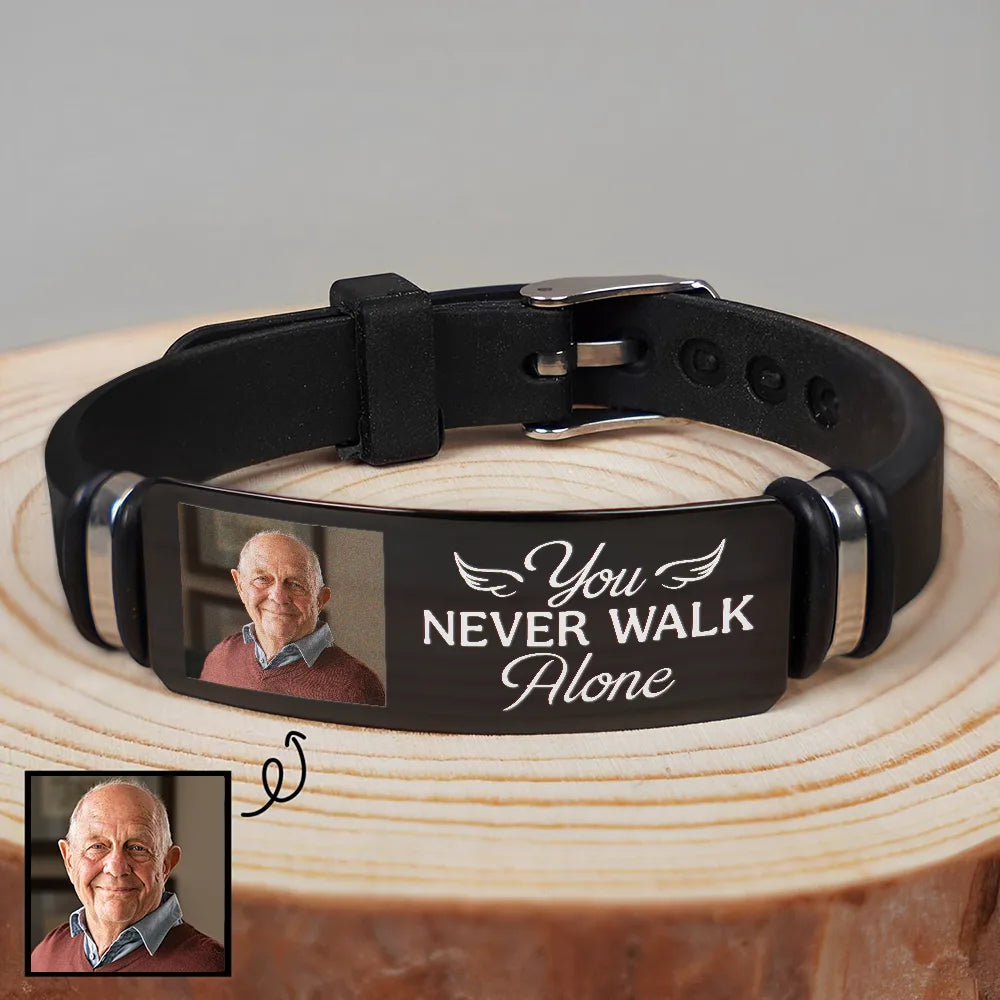 Custom Photo You Never Walk Alone Memorial - Personalized Engraved Bracelet