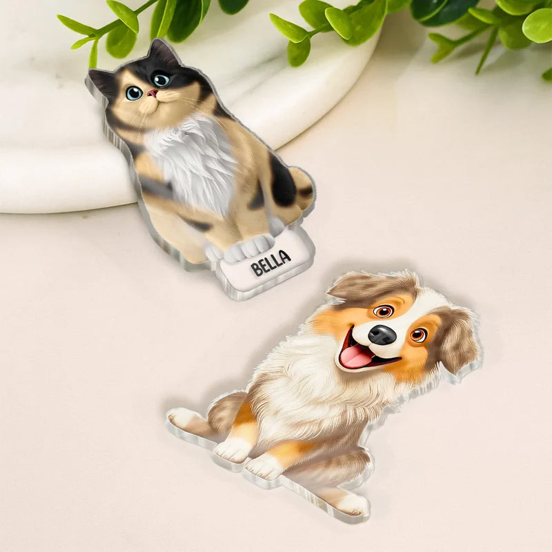 Pet Lovers, Cat Lovers, Dog Lovers, Non-Eng - Cute 3D Effect Dog And Cat With Name - Personalized Acrylic Fridge Magnet