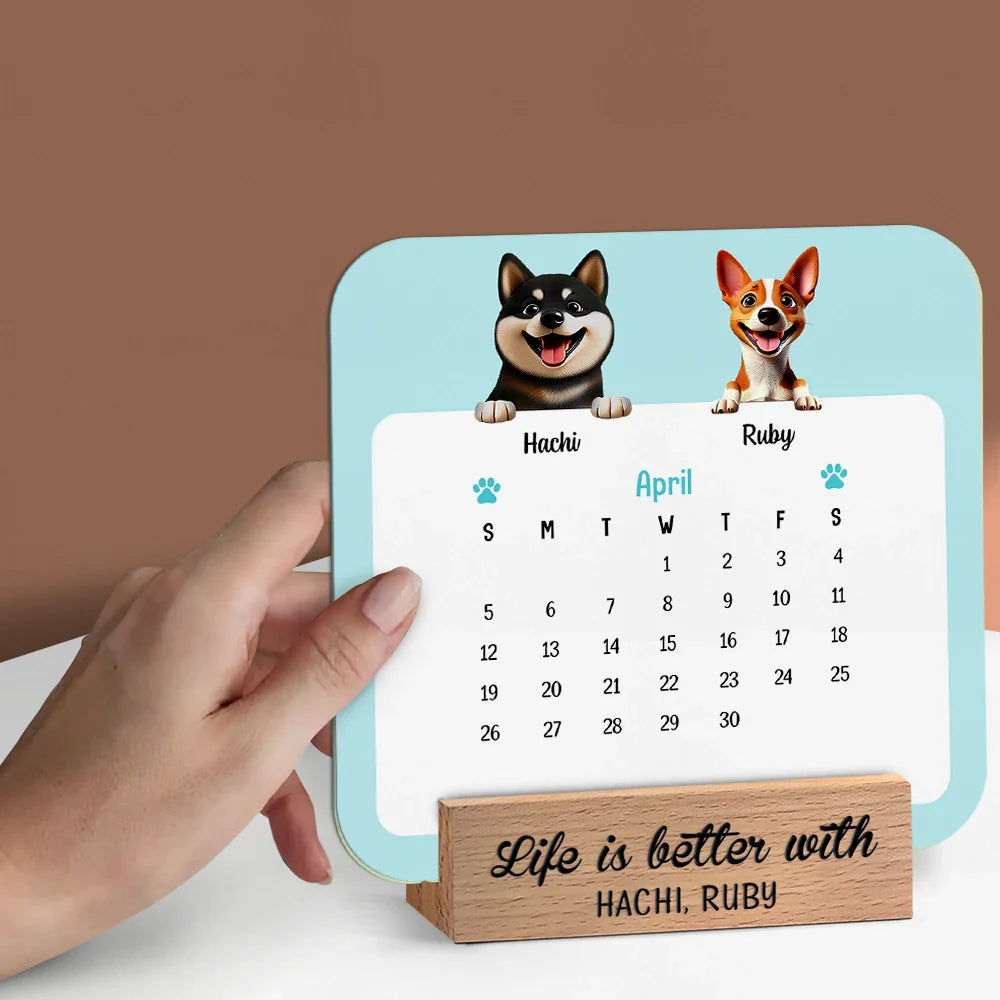 Christmas, Dog Lovers, Happy, Pet Lovers, Cat Lovers - Cute Dog And Cat 3D Effect 2026 - Personalized Calendar With Wooden Stand