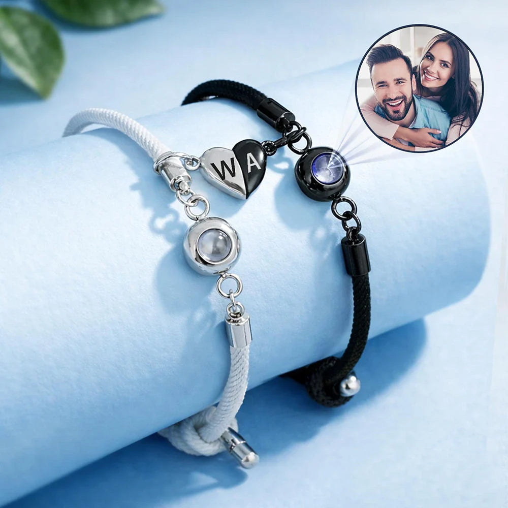 Custom Photo You And Me We Got This Couple - Personalized Photo Projection Bracelet Magnetic Initial