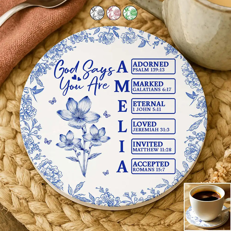 Gift For Women, Gift For Yourself, Gift For Daughter, Gift For Bestie, Happy - God Says I Am Toile De Jouy Flower - Personalized Ceramic Coaster