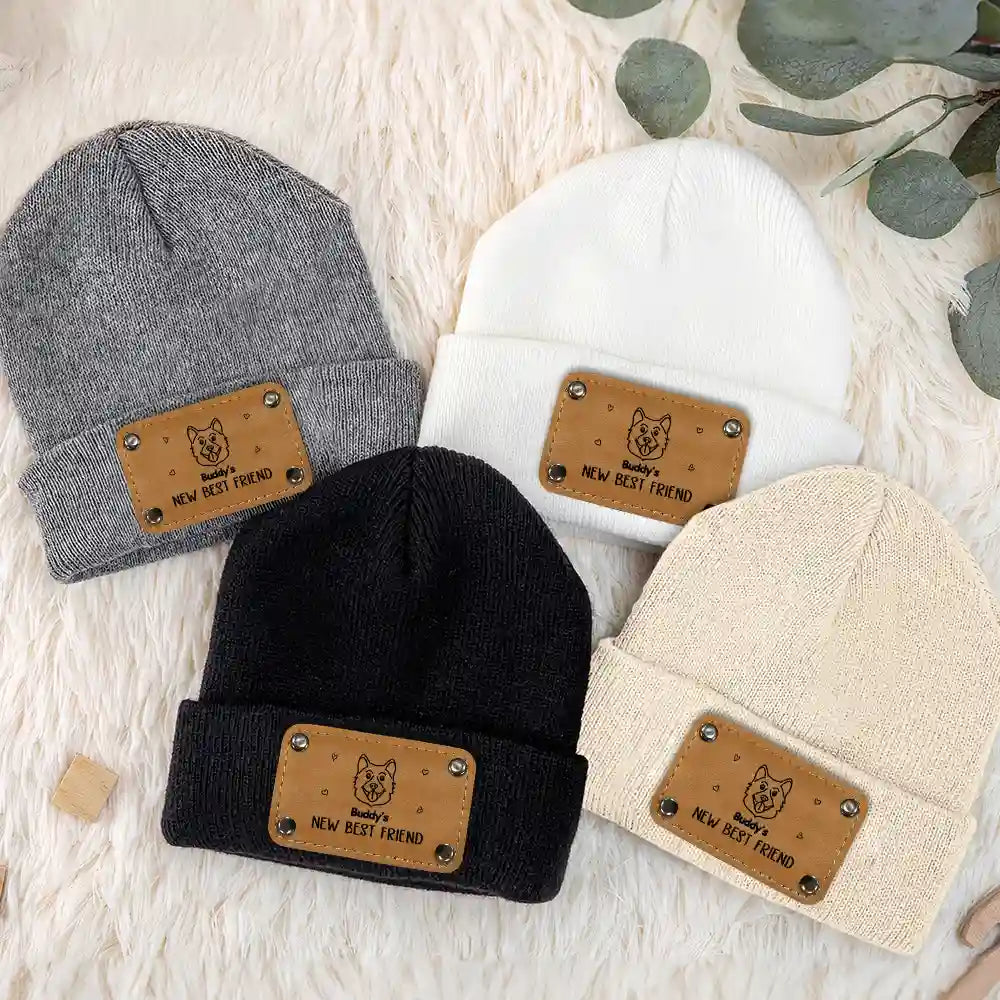 Dog Lovers,Dog Mom,Dog Dad,Dog Couple,New baby,New Dad,New Mom,Happy,Top Market - Dog New Best Friend New Baby - Personalized Beanie With Leather Patch
