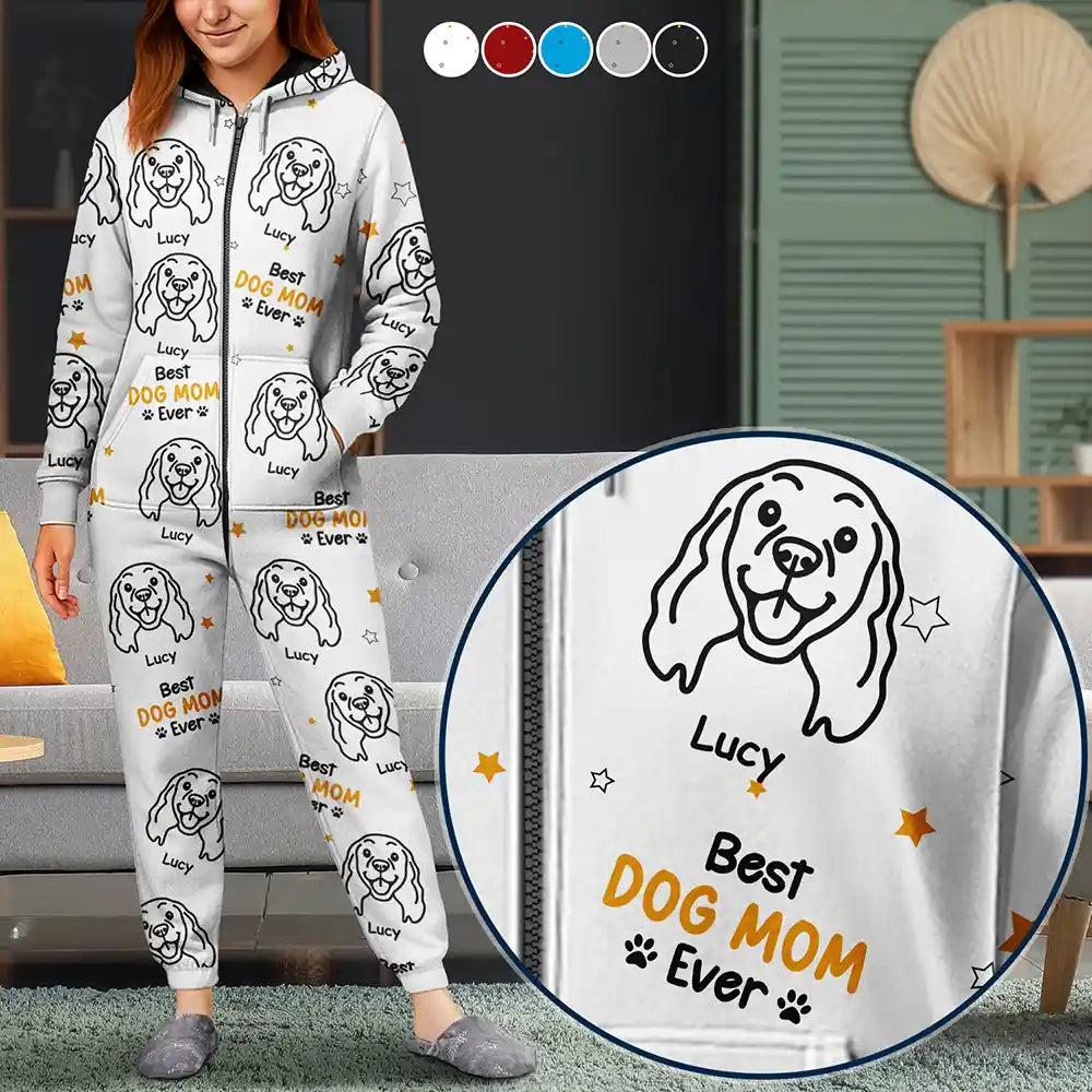 Dogs Face Line Sketch Best Dog Mum Ever - Personalized Overall Onesie Hooded Jumpsuit