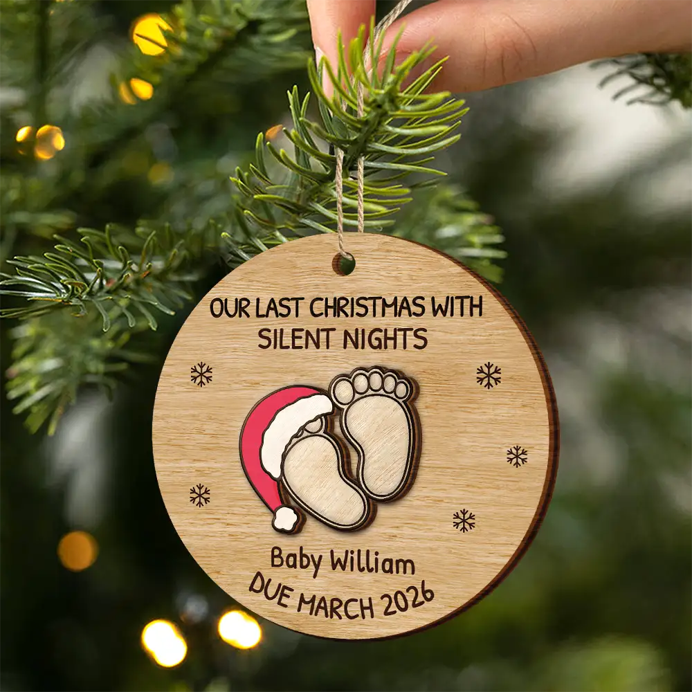 Christmas, New Dad, New baby, New Mom, Happy - Expecting Baby Last Christmas With Silent Night - Personalized 2-Layered Wooden Ornament