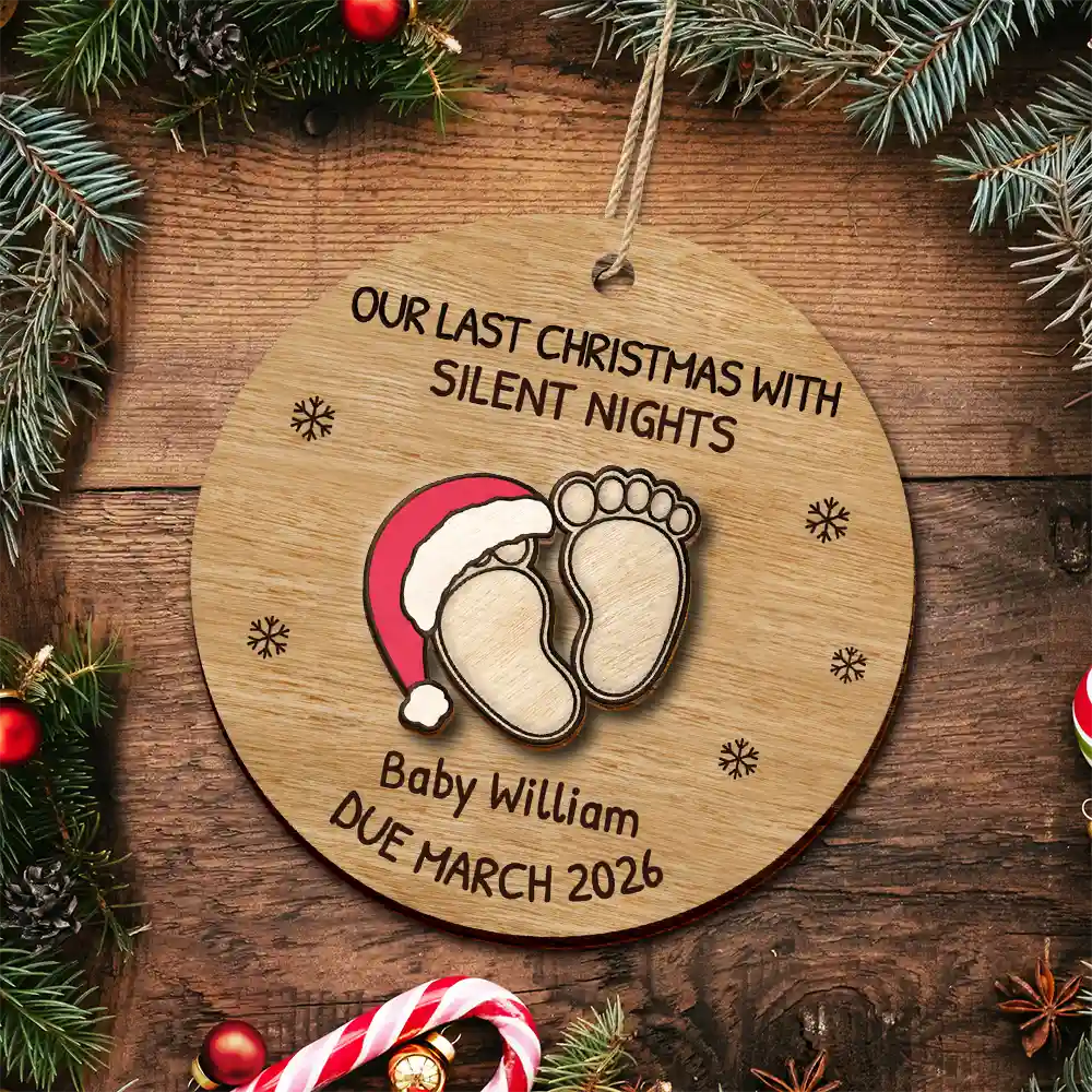 Christmas, New Dad, New baby, New Mom, Happy - Expecting Baby Last Christmas With Silent Night - Personalized 2-Layered Wooden Ornament
