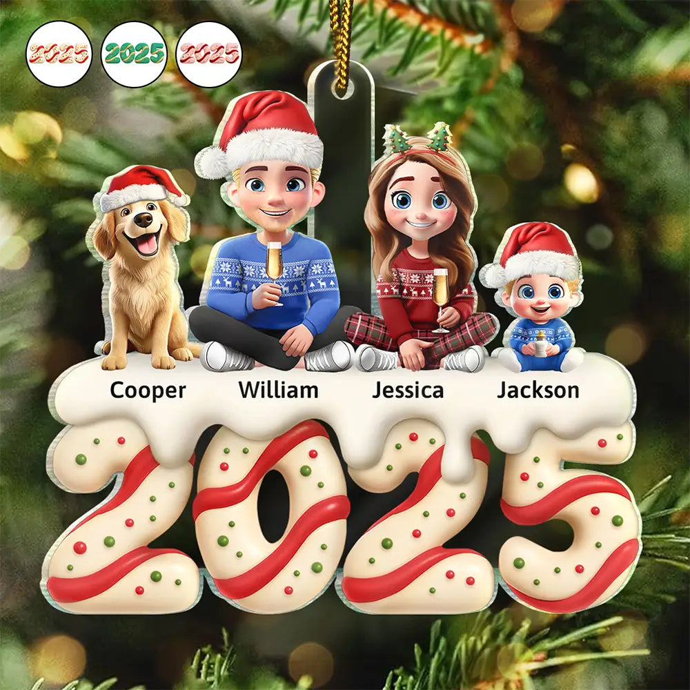 Happy,Gift For Couples,Gift For Husband,Gift For Wife,Parents,Family,Dog Lovers,Cat Lovers,Pet Lovers - Family Kid Dog Cat Christmas Tree Cake - Personalized Custom Shaped Acrylic Ornament