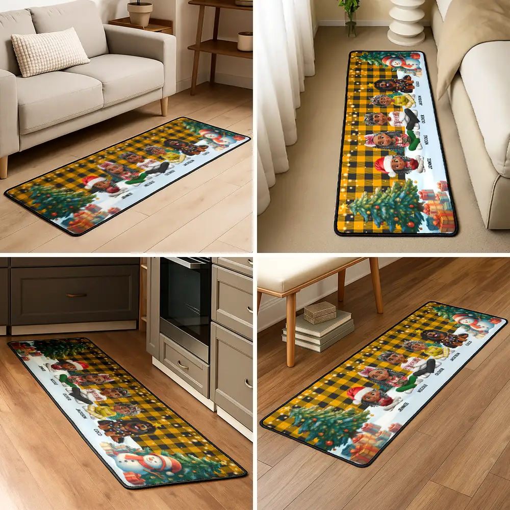 Family, Parents, Gift For Grandparents, Gift For Kids, Happy, Christmas, Top Market - Family Sitting Christmas Plaid Pattern - Personalized Runner Rug