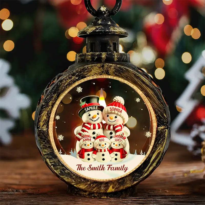 Happy,Family,Christmas - Family Snowman - Personalized Candlelight Lantern Ornament