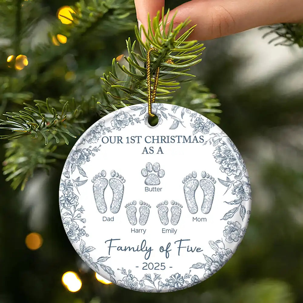 Christmas, Family, Dog Lovers, Cat Lovers, Pet Lovers, Parents, Happy - First Christmas As A Family Of Four Toile Footprints - Personalized Circle Ceramic Ornament