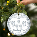 Christmas, Family, Dog Lovers, Cat Lovers, Pet Lovers, Parents, Happy - First Christmas As A Family Of Four Toile Footprints - Personalized Circle Ceramic Ornament