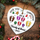 Christmas, Family, Dog Lovers, Cat Lovers, Pet Lovers, Parents, Happy, New baby - First Christmas As A Family Of Three Footprints 3D Effect - Personalized Heart Ceramic Ornament