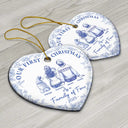 Christmas, Family, Dog Lovers, Cat Lovers, Pet Lovers, Parents, Happy, New Dad, New baby, New Mom - First Christmas As A Family Of Three New Parents Toile - Personalized Heart Ceramic Ornament