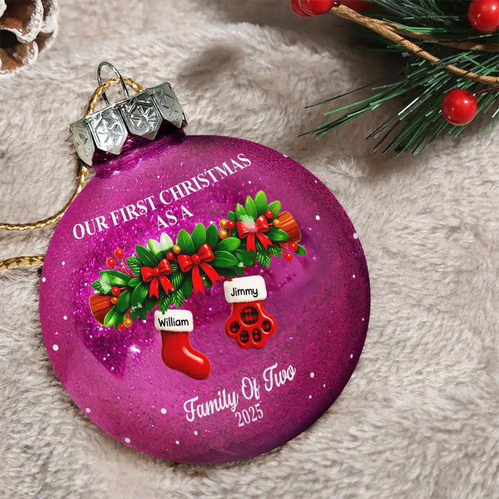 Family,Pet Lovers,Pet Mom,Pet Dad,Pet Couple,Dog Lovers,Dog Couple,Dog Mom,Dog Dad,Cat Lovers,Cat Mom,Cat Dad,Cat Couple,Happy,Christmas - First Christmas Stocking Family - Personalized Ball Ornament