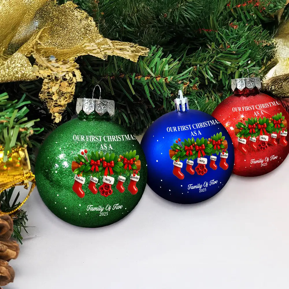 Family,Pet Lovers,Pet Mom,Pet Dad,Pet Couple,Dog Lovers,Dog Couple,Dog Mom,Dog Dad,Cat Lovers,Cat Mom,Cat Dad,Cat Couple,Happy,Christmas - First Christmas Stocking Family - Personalized Ball Ornament