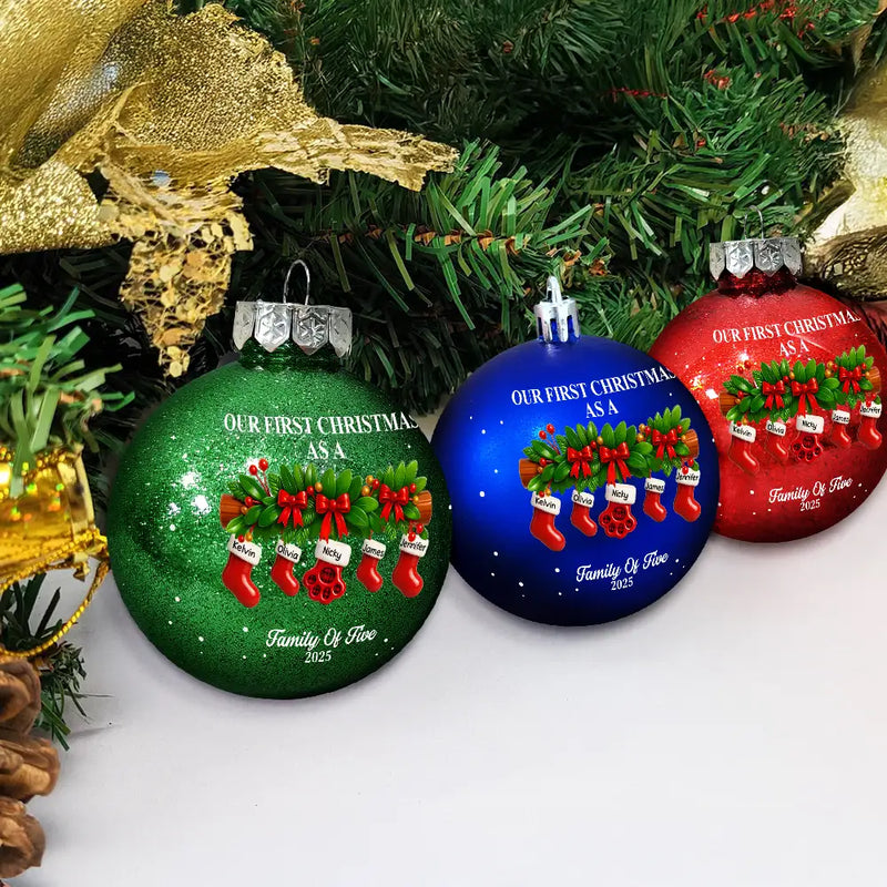 Family,Pet Lovers,Pet Mom,Pet Dad,Pet Couple,Dog Lovers,Dog Couple,Dog Mom,Dog Dad,Cat Lovers,Cat Mom,Cat Dad,Cat Couple,Happy,Christmas - First Christmas Stocking Family - Personalized Ball Ornament