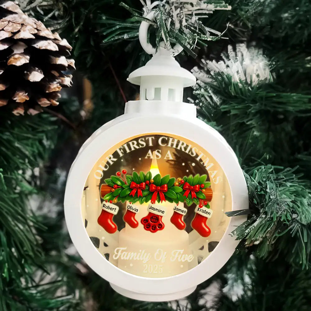 Family,Pet Lovers,Pet Mom,Pet Dad,Pet Couple,Dog Lovers,Dog Couple,Dog Mom,Dog Dad,Cat Lovers,Cat Mom,Cat Dad,Cat Couple,Happy,Christmas - First Christmas Stocking Family - Personalized Candlelight Lantern Ornament