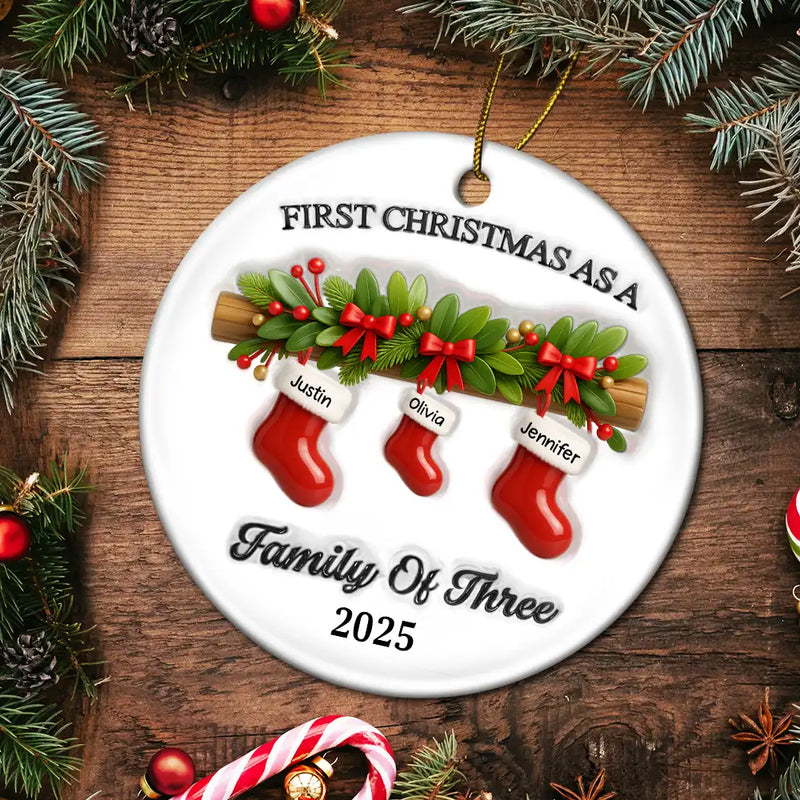 Family,Pet Lovers,Pet Mom,Pet Dad,Pet Couple,Dog Lovers,Dog Couple,Dog Mom,Dog Dad,Cat Lovers,Cat Mom,Cat Dad,Cat Couple,Happy,Christmas,Top Market - First Christmas Stocking Family - Personalized Circle Ceramic Ornament