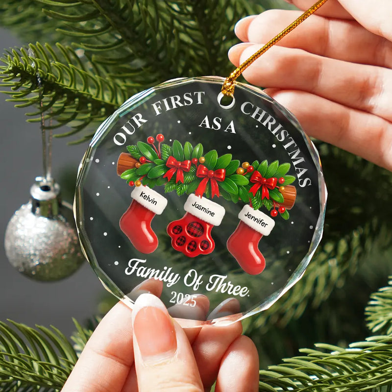 Family,Pet Lovers,Pet Mom,Pet Dad,Pet Couple,Dog Lovers,Dog Couple,Dog Mom,Dog Dad,Cat Lovers,Cat Mom,Cat Dad,Cat Couple,Happy,Christmas - First Christmas Stocking Family - Personalized Circle Glass Ornament
