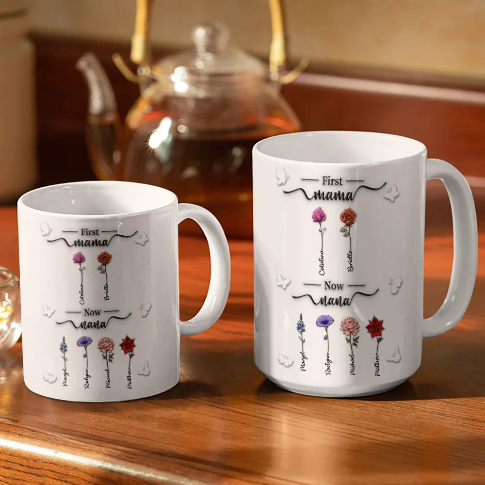 Gift For Mother, Gift For Grandma, Love, Happy - First Mom Now Grandma 3D Effect Birth Flowers - Personalized White Edge-to-Edge Mug