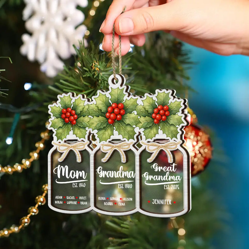 Gift For Women,Gift For Yourself,Gift For Mother,Gift For Grandma,Love,Christmas - Flower Mason Jar Mom Grandma Great Grandma - Personalized 2-Layered Mix Ornament