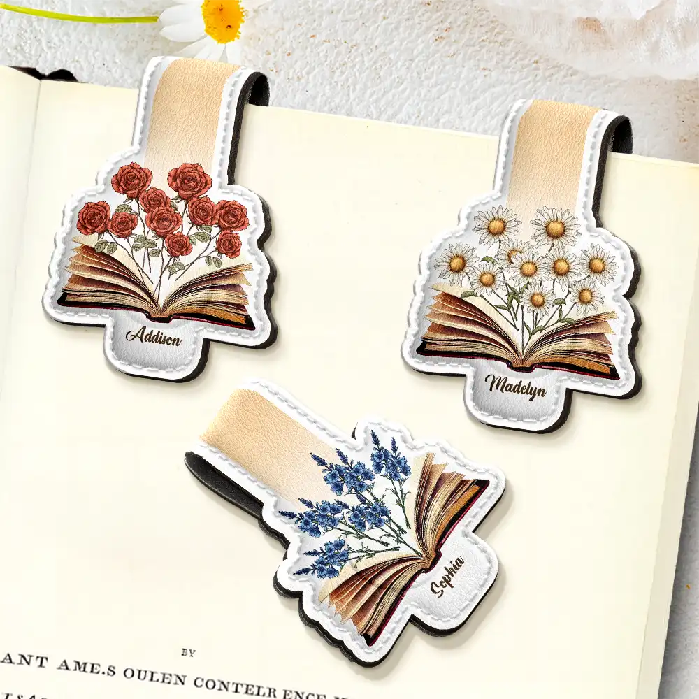 Gift For Yourself, Reading - Flowers Growing From Book - Personalized Custom Shaped Leather Magnetic Bookmark