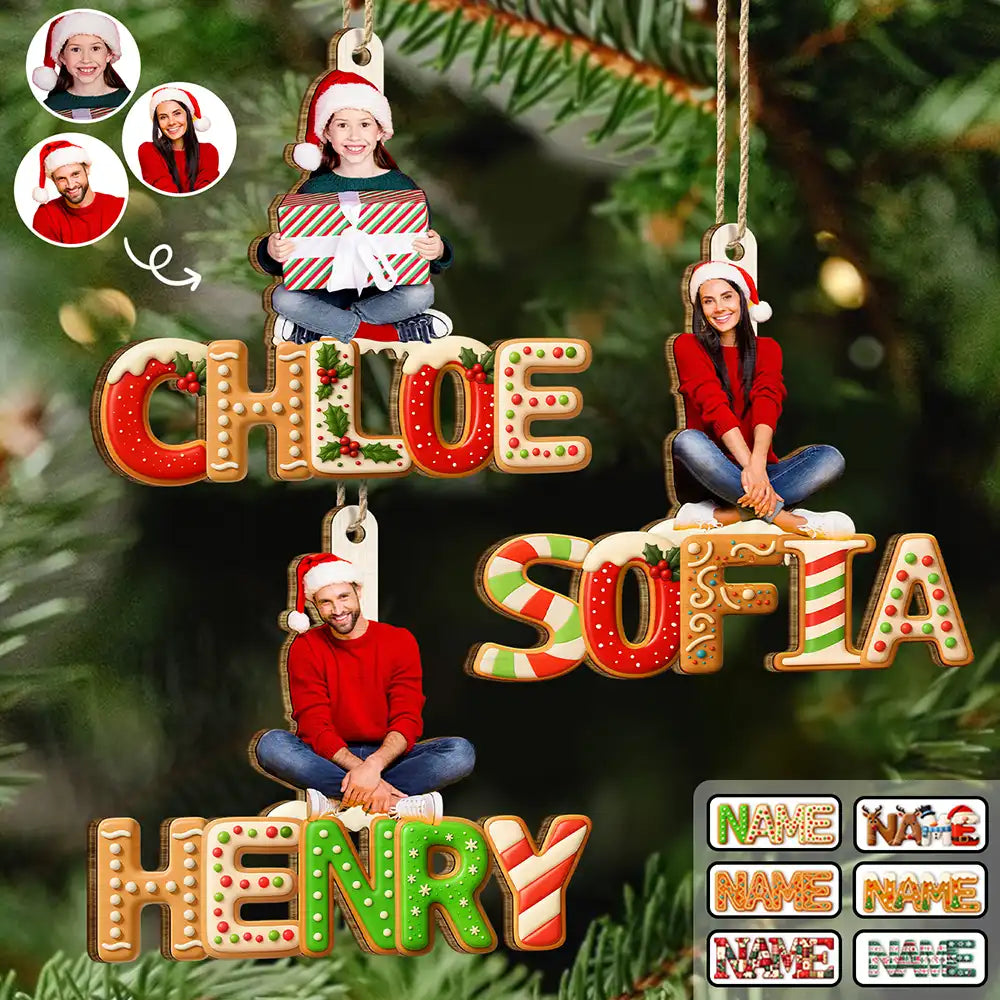 Christmas,Family,Happy - Custom Photo Christmas Pattern Effects With Names - Personalized Custom Shaped Wooden Ornament