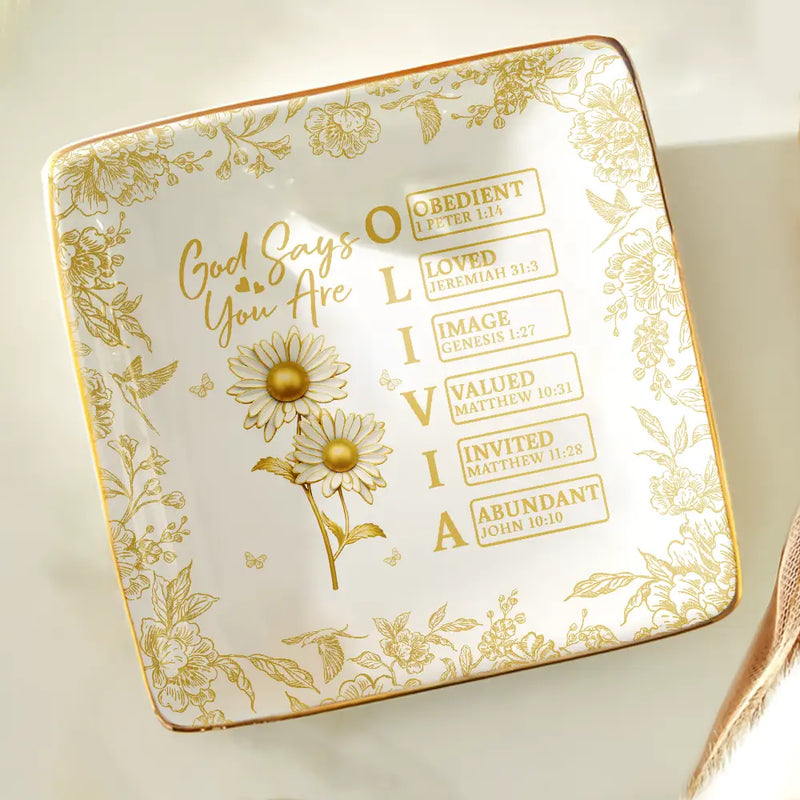 Gift For Yourself, Happy - God Says You Are Gold Birth Month Flower - Personalized Ring Dish