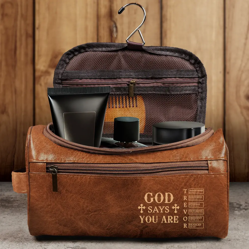 Gift For Men,Christian,Gift For Boyfriend,Gift For Husband,Gift For Uncle,Gift For Grandpa,Gift For Father,Gift For Son,Gift For Brothers,Gift For Yourself - God Says I Am - Personalized Leather Toiletry Bag