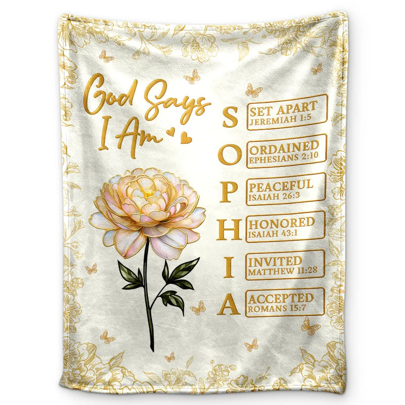 Gift For Yourself, Gift For Women, Happy, Gift For Men, Top Market - God Says I Am Birth Flower 3D Effect Name Letter In Bible - Personalized Fleece Blanket, Sherpa Blanket