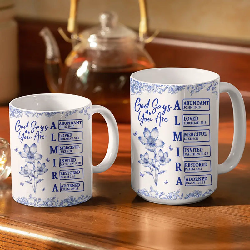 Gift For Yourself,Gift For Women,Happy,Christian - God Says I Am Toile De Jouy Flower - Personalized White Edge-to-Edge Mug